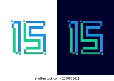 Logo digital número 15. Diseño tecnológico con icono de píxel. Número quince fuentes eléctricas