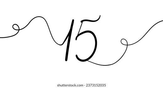 Number 15 line art drawing on white background. 15th birthday continuous drawing contour. Minimal vector illustration