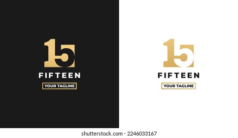 Number 15 logo or Logo Number 15 isolated on white and black background. Logo Number 15 elegant. Suitable for brand logos or products with the brand name fifteen. Number 15 logo simple gold color.