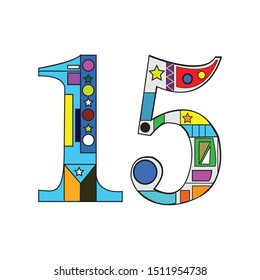 The number 15 with ornaments and colours