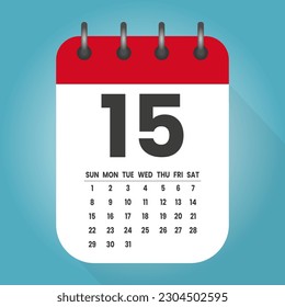 Number 15 - vector icon calendar days. 15th day of the month. Illustration flat style. Date of week, month, year Sunday, Monday, Tuesday, Wednesday, Thursday, Friday, Saturday. Holiday calendare date