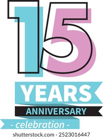 number 15 years anniversary celebration logo style black line and blue purple color, isolated on white background.