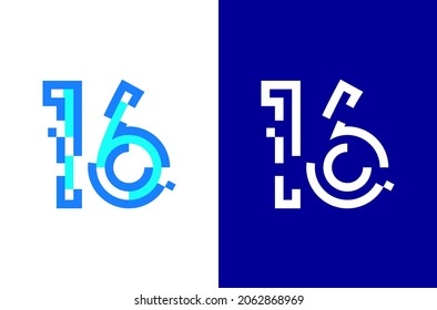 Number 16 digital logo. Numbers design with technology concept. Line logo and pixel