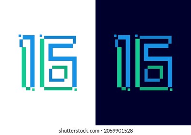 Number 16 digital logo. Technology design with pixel icon. Number sixteen electric font