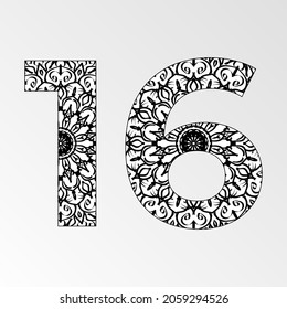 Number 16 with Mandala. decorative ornament in ethnic oriental style. coloring book page