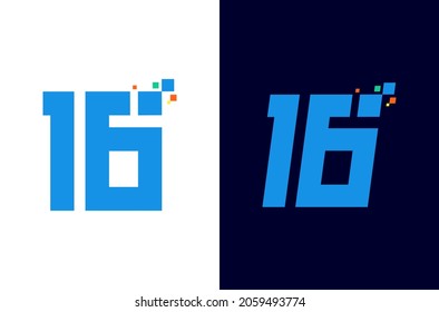 Number 16 pixel logo design. Digital number sixteen elements