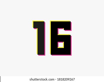 Number 16 vector desing logo. Dynamic, split-color, shadow of  number pink and yellow on white background. For social media,design elements, creative poster, anniversary celebration, greeting and web 