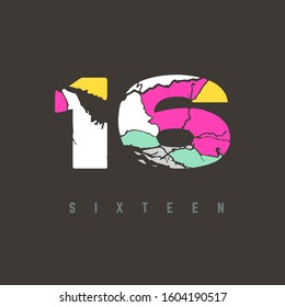 Number 16 vector font alphabet, modern map design with brilliant colorful letter for your unique elements