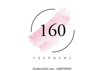 Number 160 Watercolor Stroke Logo with Circular Shape and Pastel Pink Brush Vector Design