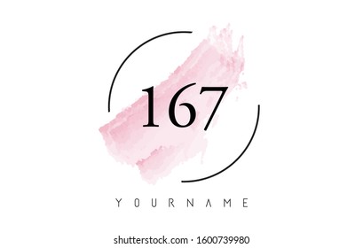 Number 167 Watercolor Stroke Logo with Circular Shape and Pastel Pink Brush Vector Design