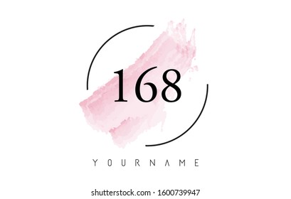 Number 168 Watercolor Stroke Logo with Circular Shape and Pastel Pink Brush Vector Design