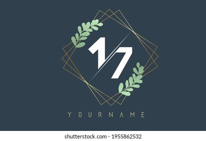 Number 17 1 7 Logo With golden square frames and green leaf design. Creative vector illustration with numbers 1 and 7 for beauty, fashion, jewelry, luxury, natural products or eco services.