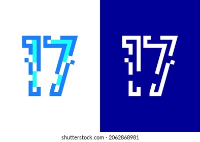 Number 17 digital logo. Numbers design with technology concept. Line logo and pixel