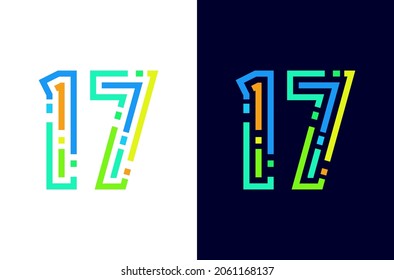 Number 17 line logo with dot square or pixel. Colorful digital icon. Design for technology concept