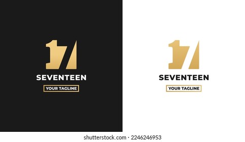 Number 17 logo or Logo Number 17 isolated on white and black background. Logo Number 17 elegant. Suitable for brand logos or products with the brand name fifteen. Number 17 logo simple gold color