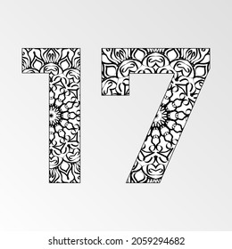 Number 17 with Mandala. decorative ornament in ethnic oriental style. coloring book page