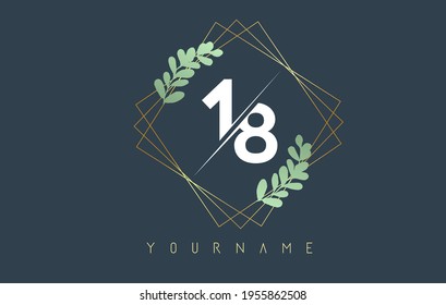 Logotipo Número 18 1 8 Con marcos cuadrados dorados y diseño de hojas verdes. Ilustración vectorial creativa con números 1 y 8 para belleza, moda, joyería, lujo, productos naturales o servicios ecológicos.