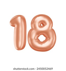 Number 18. 3d inflated symbols. Isolated vector illustration. Gold gradient design element for birthday party cards, anniversary banners. Holiday cartoon balloons.