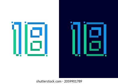 Number 18 digital logo. Technology design with pixel icon. Number eighteen electric font