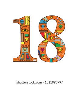 The number 18 with ethnic ornament and colours