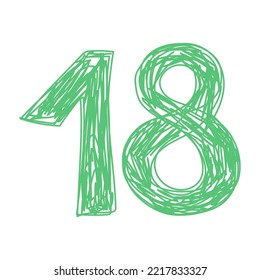 Number 18. Hand drawn line sketch digit. Children's drawing