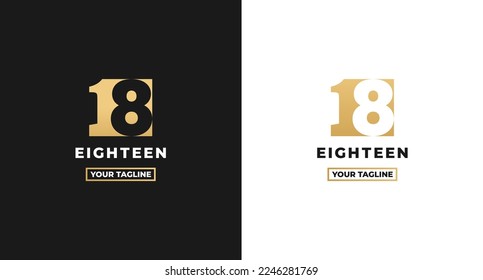 Number 18 logo or Logo Number 18 isolated on white and black background. Logo Number 18 elegant. Suitable for brand logos or products with the brand name fifteen. Number 18 logo simple gold color.