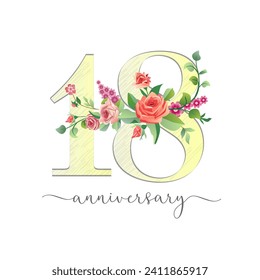 Number 18 sketch style design with floral elements. Happy 18th anniversary creative icon with vintage roses. Graphic template. Cute logo. 18 years old symbol. Retro flowers. Isolated sign. Rose decor.