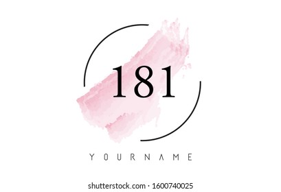 Number 181 Watercolor Stroke Logo with Circular Shape and Pastel Pink Brush Vector Design