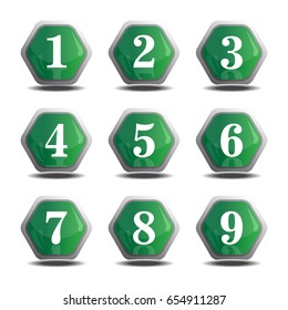 Number 1-9 in 3D Glossy Green Button for web Icon set