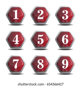 Number 1-9 in 3D Glossy red Button for web Icon