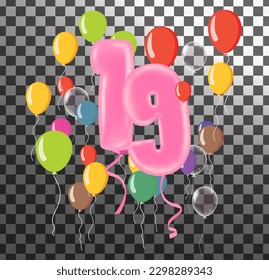 Number 19 birthday celebration card with balloons and confetti. Vector illustration.