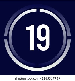 Number 19 design for business, print, books, movies, time-counting, companies in white, blue and blue gradient colors with half circles.