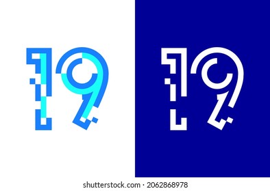 Number 19 digital logo. Numbers design with technology concept. Line logo and pixel