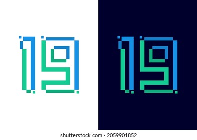 Number 19 digital logo. Technology design with pixel icon. Number nineteen electric font