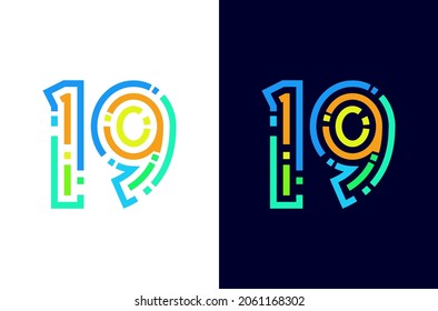 Logotipo de línea número 19 con punto cuadrado o píxel. Icono digital colorido. Diseño para el concepto de tecnología