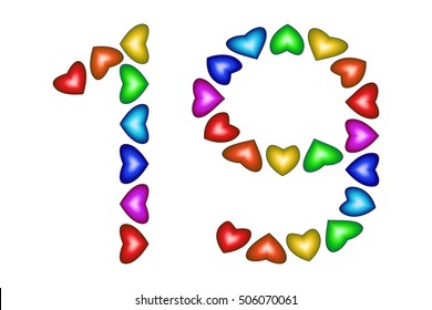 Number 19 made of colorful hearts isolated on white background