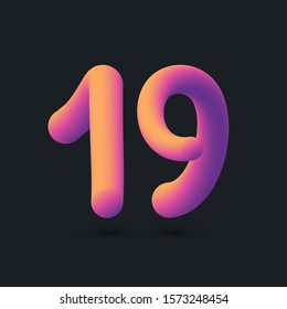 Number 19 nineteen, 3D multi colour gradient digit icon vector template.
