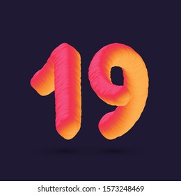 Number 19 nineteen, 3D multi colour gradient digit icon vector template.
