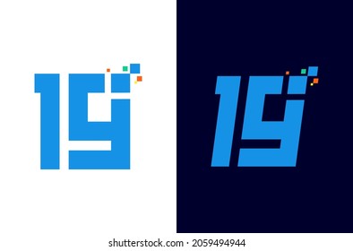 Number 19 pixel logo design. Digital number nineteen elements