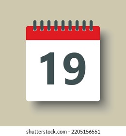 Number 19 - vector icon calendar days. 19th day of the month. Illustration flat style. Date of week, month, year Sunday, Monday, Tuesday, Wednesday, Thursday, Friday, Saturday. Holiday calendare date