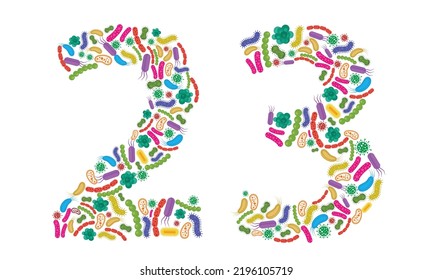 Número 2 3 hecho de bacterias aisladas en fondo blanco, fuente bacteriana. Ilustración vectorial.