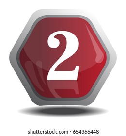 Number 2 in 3D Glossy red Button for web Icon
