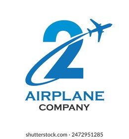 Number 2 with airplane logo template illustration. suitable for transportation, brand, travel, agency, web, label, network, marketing etc