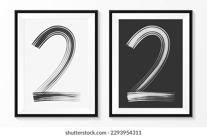 The number "2" is a black and white abstract brush hand drawn on paper with a black wooden frame. vector illustration.