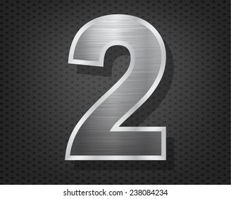 Number 2 in brushed steel isolated on black hexagon pattern background 