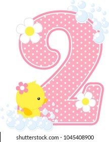 number 2 with bubbles and cute rubber duck isolated on white. can be used for baby girl birth announcements, nursery decoration, party theme or birthday invitation. Design for baby girl