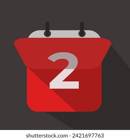 Number 2 calendar flat icon with inverted page isolated on black background with shadows.Vector illustration.