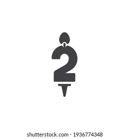 Icono vectorial de vela número 2. signo plano relleno para concepto móvil y diseño web. Icono de glifo de velas de dos años de cumpleaños. Símbolo, ilustración del logotipo. Gráficos vectoriales