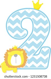 number 2 with chevron pattern. cute little lion king isolated on white background. can be used for father's day card, baby boy birth announcements, nursery decoration, party theme or invitation