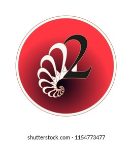 number 2 circular label with fractal spiral tail pattern in red and white